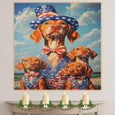 Vizsla Dog Family in Patriotic Outfits and Star Hats with Blue Sky and Clouds for Fourth of July Celebration on Ready to Hang 1.5" Thick Canvas Wrap, Floating Framed Canvas, Flat Rolled Canvas